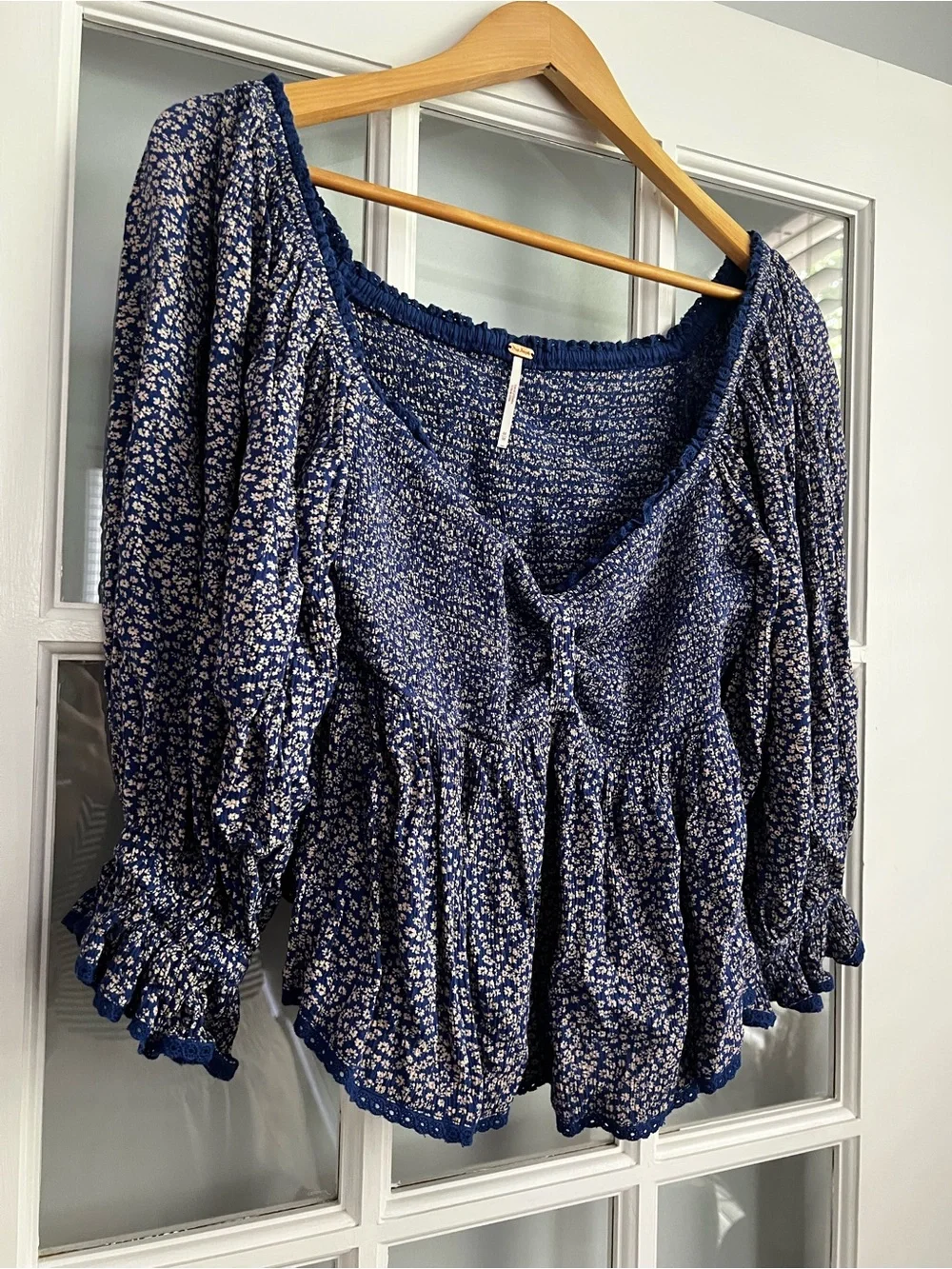 Free People Navy Blue Floral Peasant Top